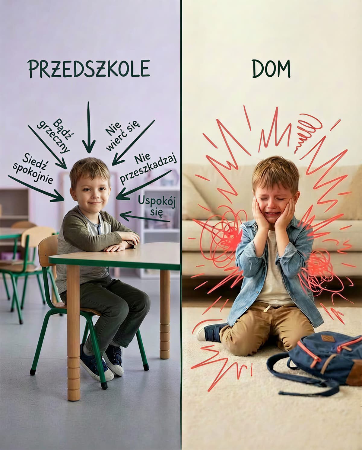 Kontrast: dziecko grzeczne w przedszkolu vs płaczące w domu - After-School Restraint Collapse