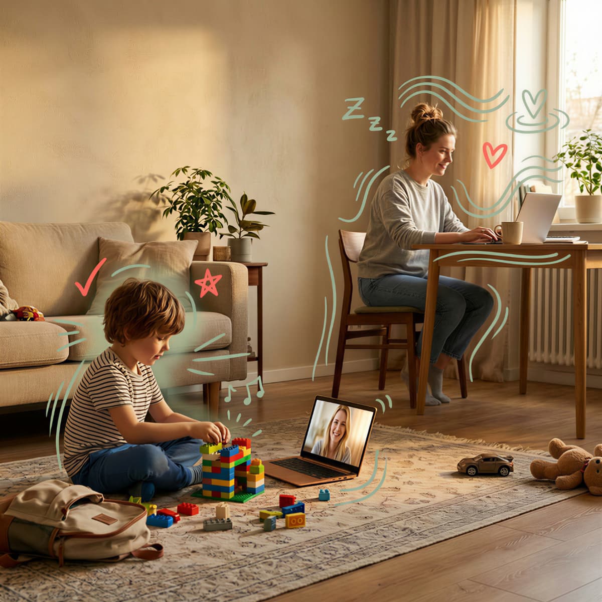 Spokojna mama pracuje przy laptopie, dziecko bawi się z animatorką Kindee online
